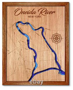 Carte en bois découpée au laser en 3D de la rivière Oneida, New York. Décor de maison au bord du lac.