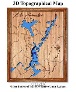 Carte en bois découpée au laser en 3D du lac Abanakee à New York. Décoration murale pour maison au bord du lac.