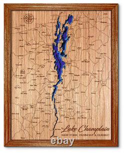 Carte en bois découpée au laser en 3D du lac Champlain, New York Vermont. Décoration murale pour maison au bord du lac.