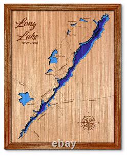 Carte en bois découpée au laser en 3D du lac Long à New York. Décoration pour maison au bord du lac.