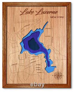 Carte en bois découpée au laser en 3D du lac Luzerne, New York. Décoration murale pour maison au bord du lac.