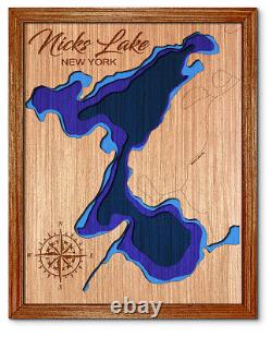 Carte en bois découpée au laser en 3D du lac Nicks à New York. Décoration de maison au bord du lac.