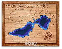 Carte en bois découpée au laser en 3D du lac North South Lake à New York. Décoration pour maison au bord du lac