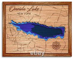 Carte en bois découpée au laser en 3D du lac Oneida, New York. Décoration de maison au bord du lac.