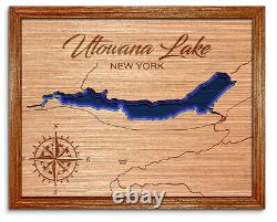 Carte en bois découpée au laser en 3D du lac Utowana, New York. Décoration de maison au bord du lac.