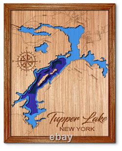 Carte en bois découpée au laser en 3D du lac de Tupper Lake, New York. Décoration de maison au bord du lac.