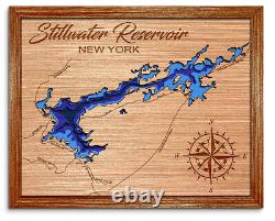 Carte en bois découpée au laser en 3D du réservoir de Stillwater à New York. Décoration pour maison au bord du lac.