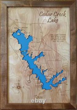 Carte murale en bois découpée au laser de Cedar Creek Lake, TX fabriquée sur commande