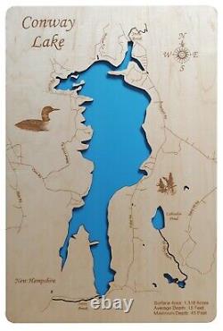 Conway Lake, New Hampshire Laser Cut Wood Map Wall Art Fabriqué Sur Commande