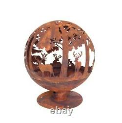 Fire Pit Globe Esschert Design Laser Cut Oxidised Rust Woodland Tree Deers 66cm