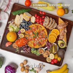 Grand Planche à Découper en Noyer pour Cuisine 24x18 (Boîte Cadeau) avec Rigole à Jus