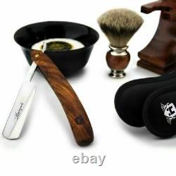 Kit de rasage BARBIER ANCIEN STYLE en bois naturel pour rasoir droit et pinceau pour hommes