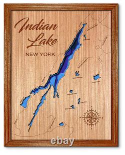 Lac Indian New York Carte en bois découpée au laser en 3D. Décoration murale pour maison de lac.