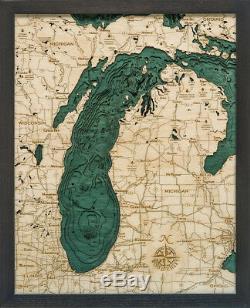 Lake Michigan 16 X 20 Nouveau Laser Cut-3-dimen Bois Graphique / Lac Art Carte