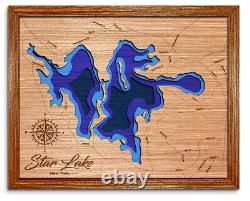 Le lac Star New York - Carte en bois découpée au laser en 3D. Décoration de maison au bord du lac.