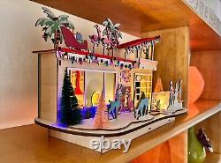Marché mondial de la maison de Noël rétro en bois découpé au laser avec LED
