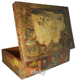 Mid-lat 19e C American Folk Art Antique Écolière Decoupage Décoré Wdn Box