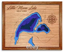 Petit lac Moose New York Carte en bois découpée au laser en 3D. Décoration de maison au bord du lac