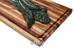 Planche à découper en bois de teck épais Geles Xl pour cuisine avec rigole à jus et tri des aliments