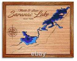 Saranac Lake (BASSE / MOYENNE) New York Carte en bois en 3D découpée au laser du lac. Maison au bord du lac