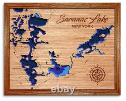 Saranac Lake (COMPLET) New York Carte du lac en bois découpée au laser en 3D. Décoration de maison au bord du lac.