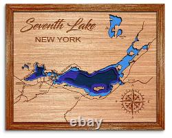 Septième lac New York carte en bois découpée au laser en 3D. Décoration de maison au bord du lac.